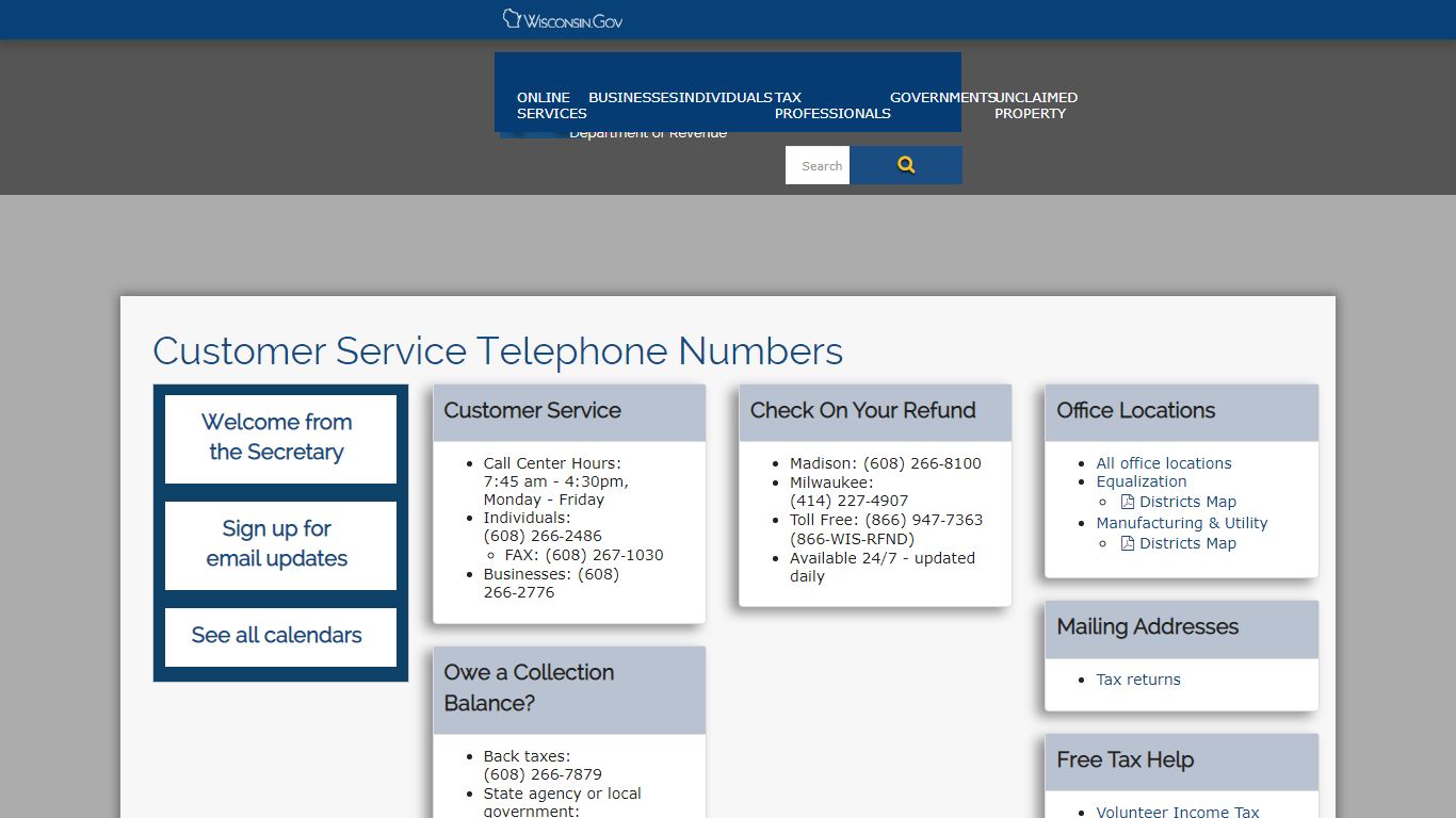 DOR Customer Service Telephone Numbers - Wisconsin